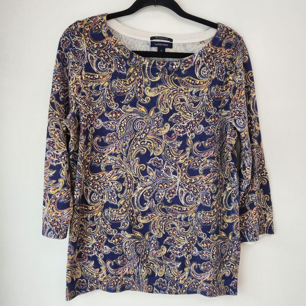 Lands End 100% Supima Cotton Navy Blue Paisley Crewneck Sweater S (6-8)